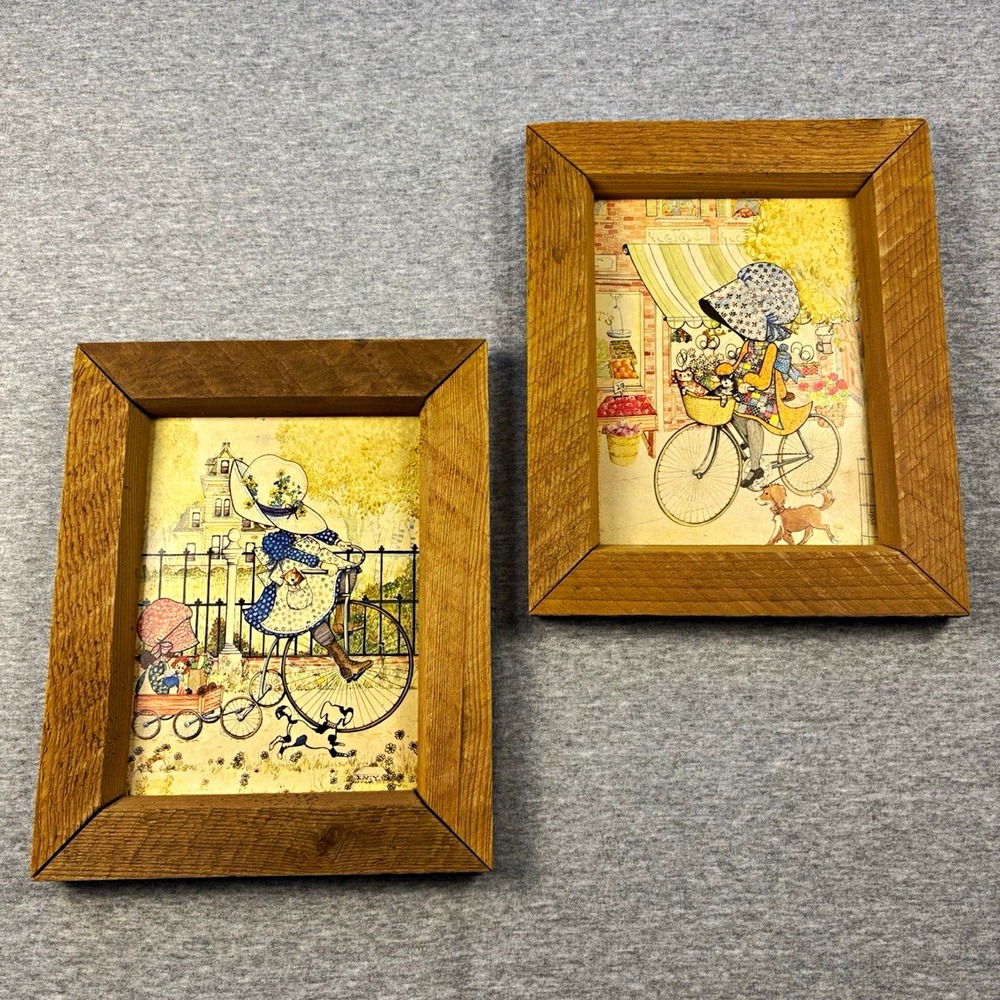 Vintage 1970s Holly Hobby Framed Art Prints Girl Riding Bike Wooden Frames